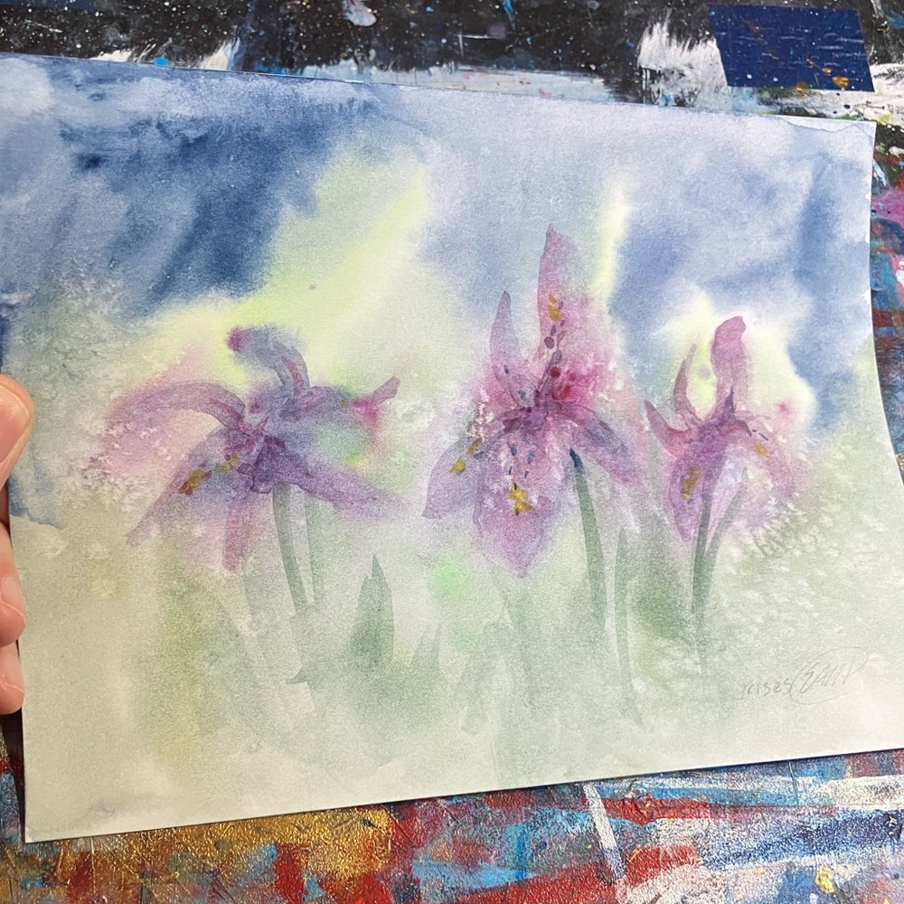 ORIGINAL Irises painting impressionist watercolor floral garden art wall decor